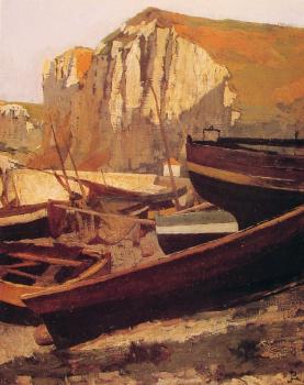 Jean-Paul Laurens : Barques au pied dune falaise en Normandie
